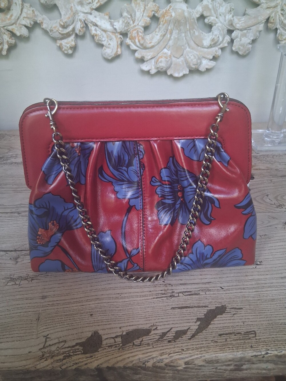 Patricua Nash Red Blue Leather Zelia Framed Clutch With brushed brass Handle Bag - Picture 3 of 9